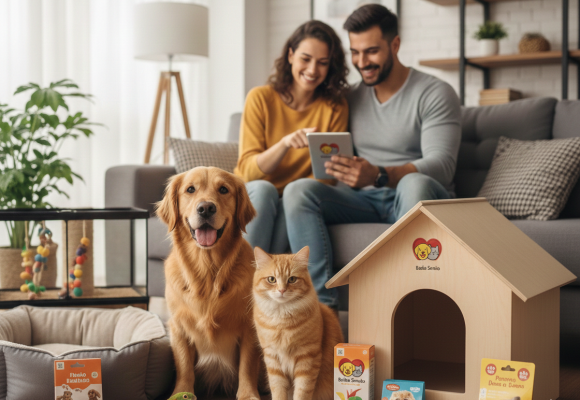 Casal sentado no sofá usando tablet, sorrindo ao lado de um Golden Retriever, um gato laranja e um papagaio, próximos a uma casinha de madeira com o logo da Bicho Sorriso e produtos pet.